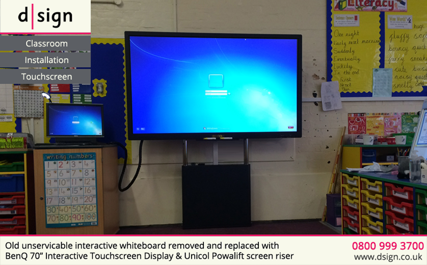 Old unservicable whiteboard removed and replaced with interactive touchscreen and electric screen riser